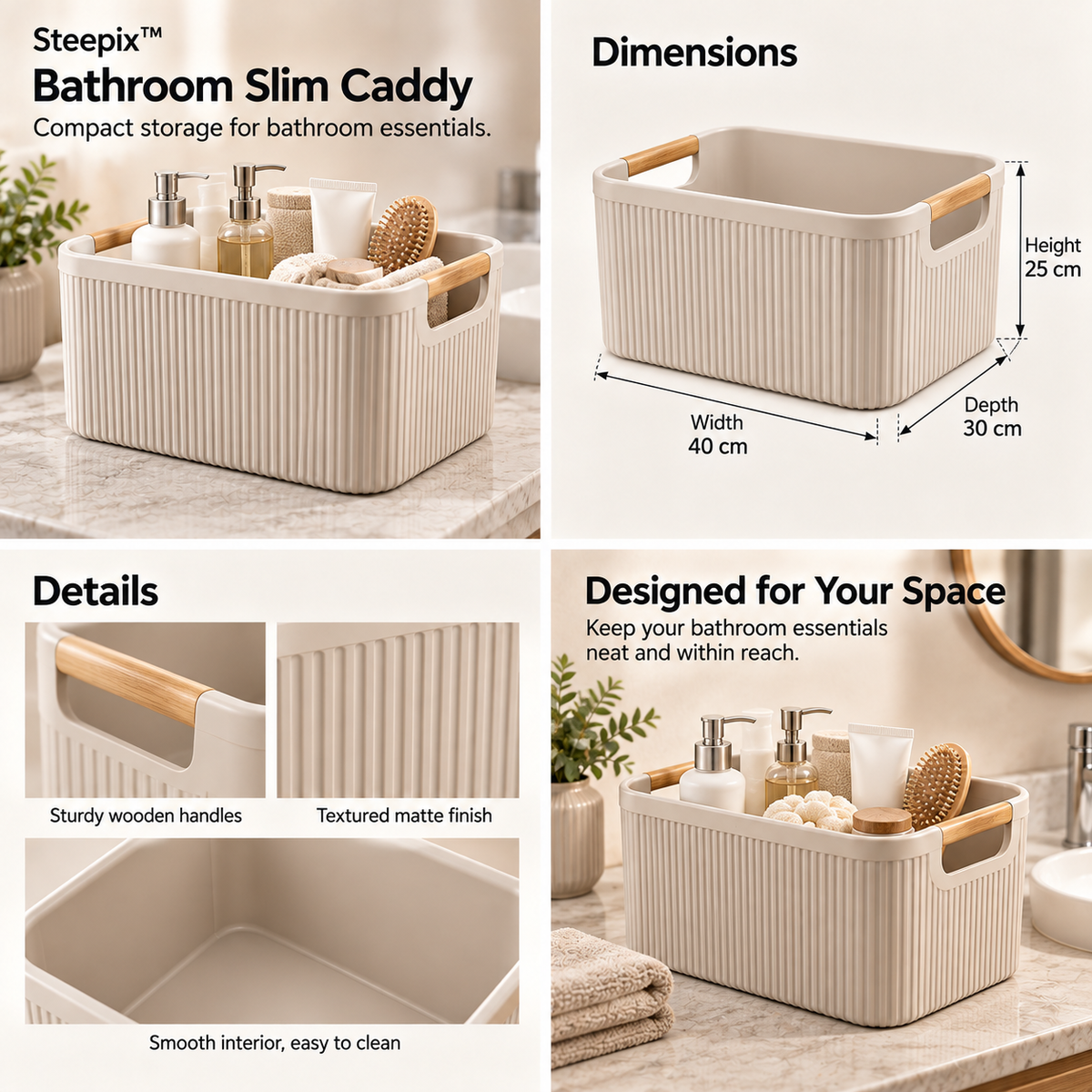 Four-panel product collage showing a slim bathroom storage caddy with handles, dimensions, surface details, and bathroom use.