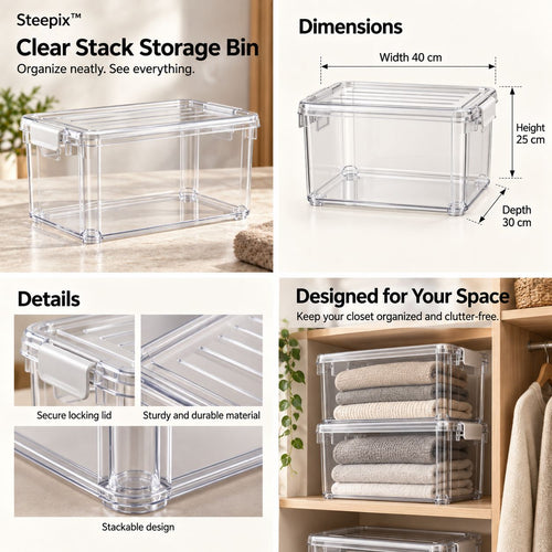 Four-panel product collage showing a clear stack storage bin, its dimensions, lid and base details, and stacked storage use.
