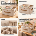 Four-panel product collage showing a divided craft supply organizer, dimensions, zipper, handles, and workspace use.
