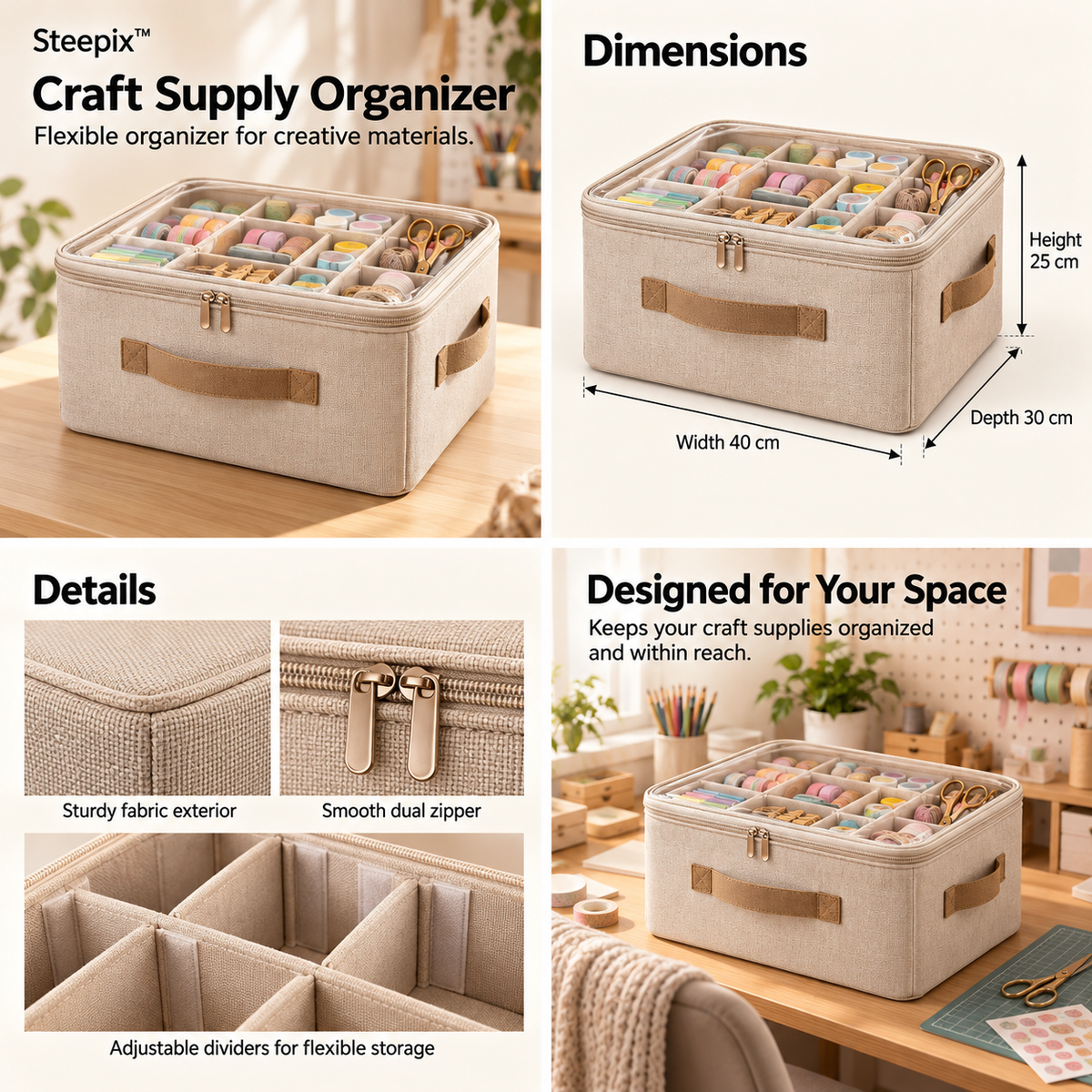 Four-panel product collage showing a divided craft supply organizer, dimensions, zipper, handles, and workspace use.