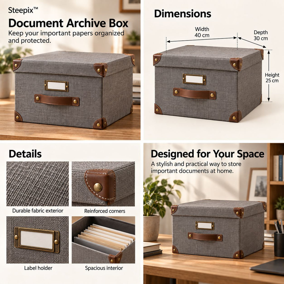 Four-panel product collage showing a fabric document archive box, dimensions, reinforced corners, label holder, and interior.