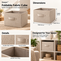 Four-panel product collage showing a fabric storage cube, dimensions, handles, and shelf use.
