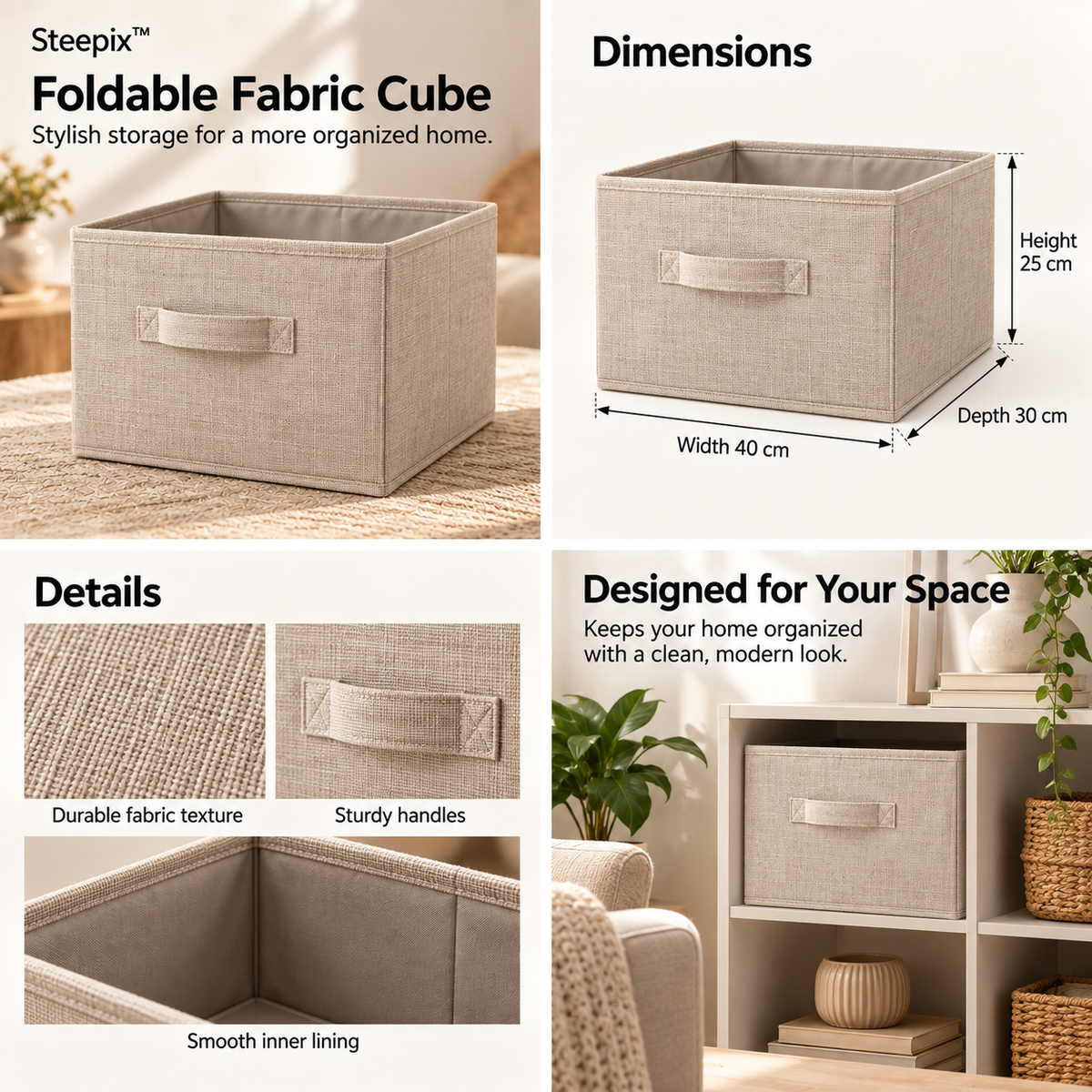 Four-panel product collage showing a fabric storage cube, dimensions, handles, and shelf use.