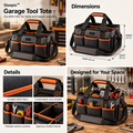 Four-panel product collage showing a tool tote with handles, shoulder strap, divided interior, pockets, and workshop use.