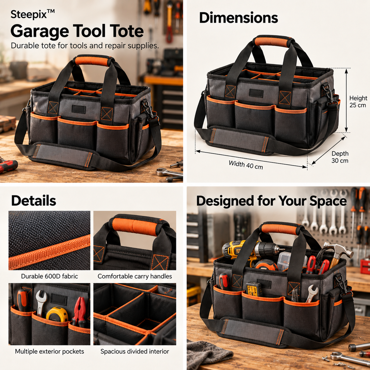 Four-panel product collage showing a tool tote with handles, shoulder strap, divided interior, pockets, and workshop use.