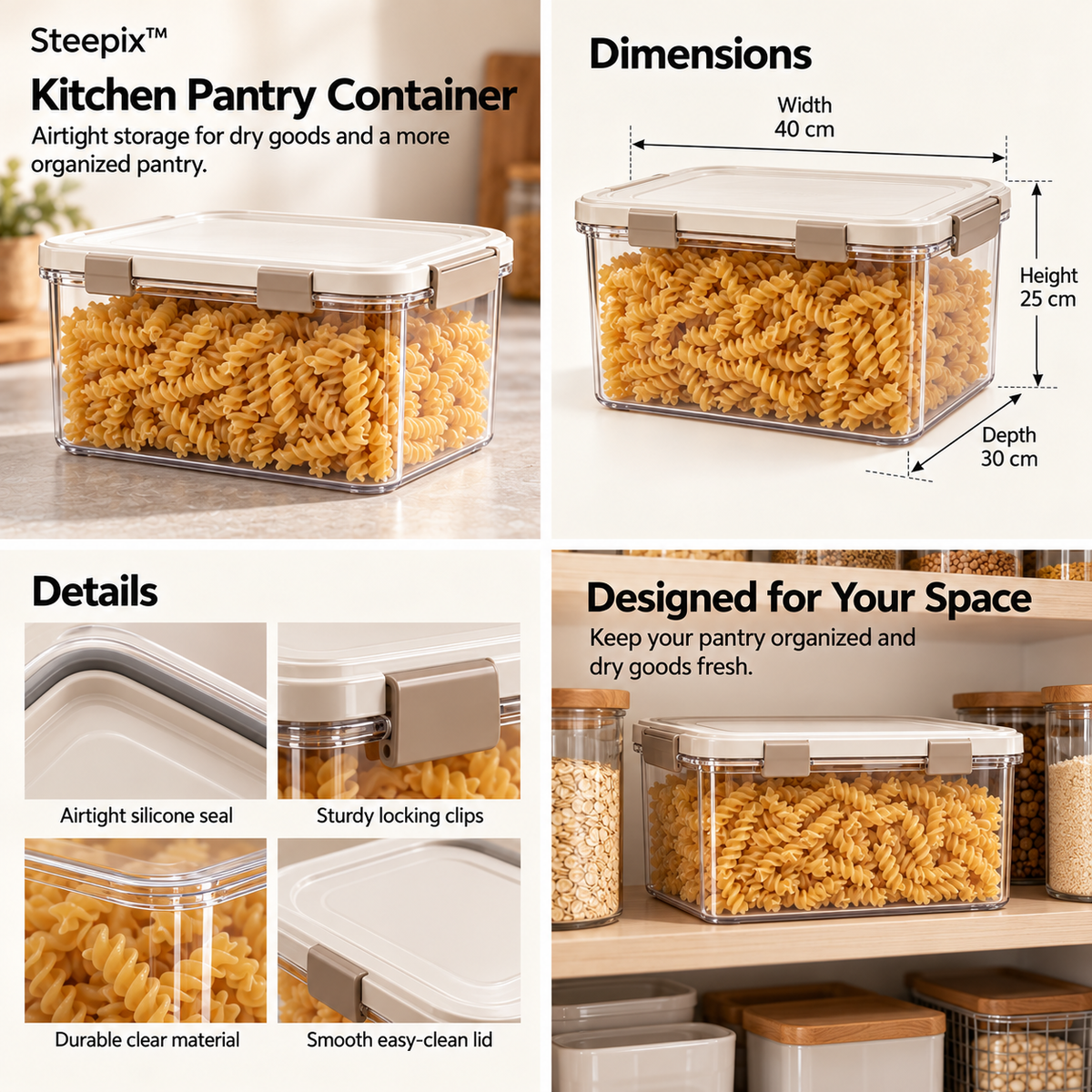 Four-panel product collage showing a clear pantry container with a lid, dimensions, closure details, and pantry use.