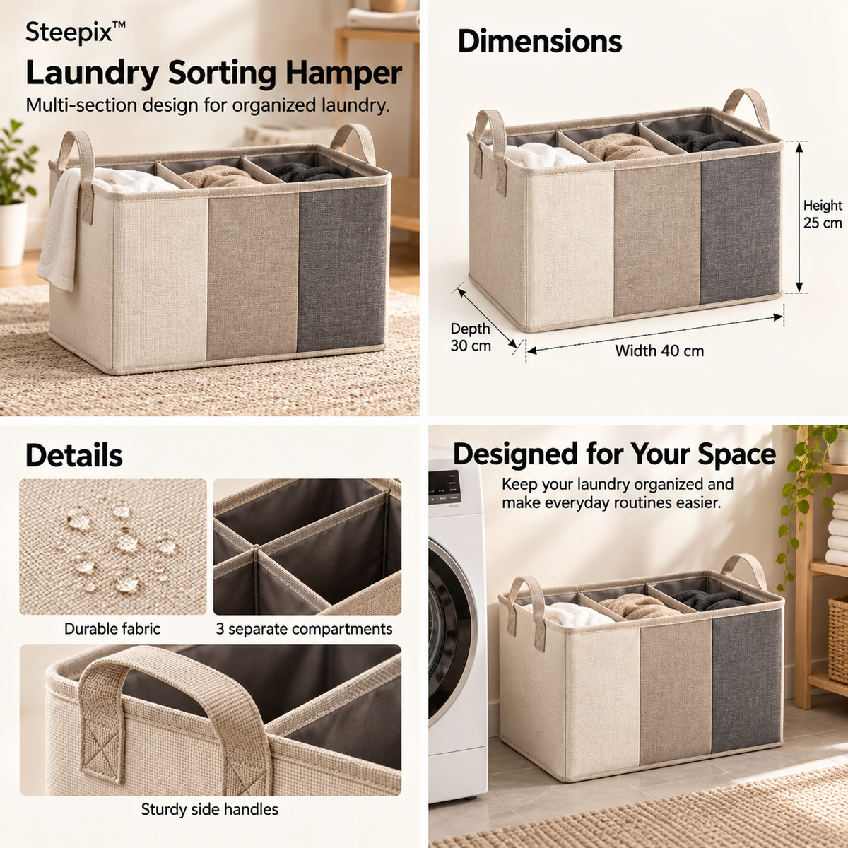 Four-panel product collage showing a three-section laundry hamper, dimensions, handles, and laundry-room use.