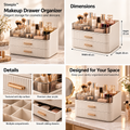 Four-panel product collage showing a makeup organizer with divided compartments, drawers, clear upper tray, and vanity use.