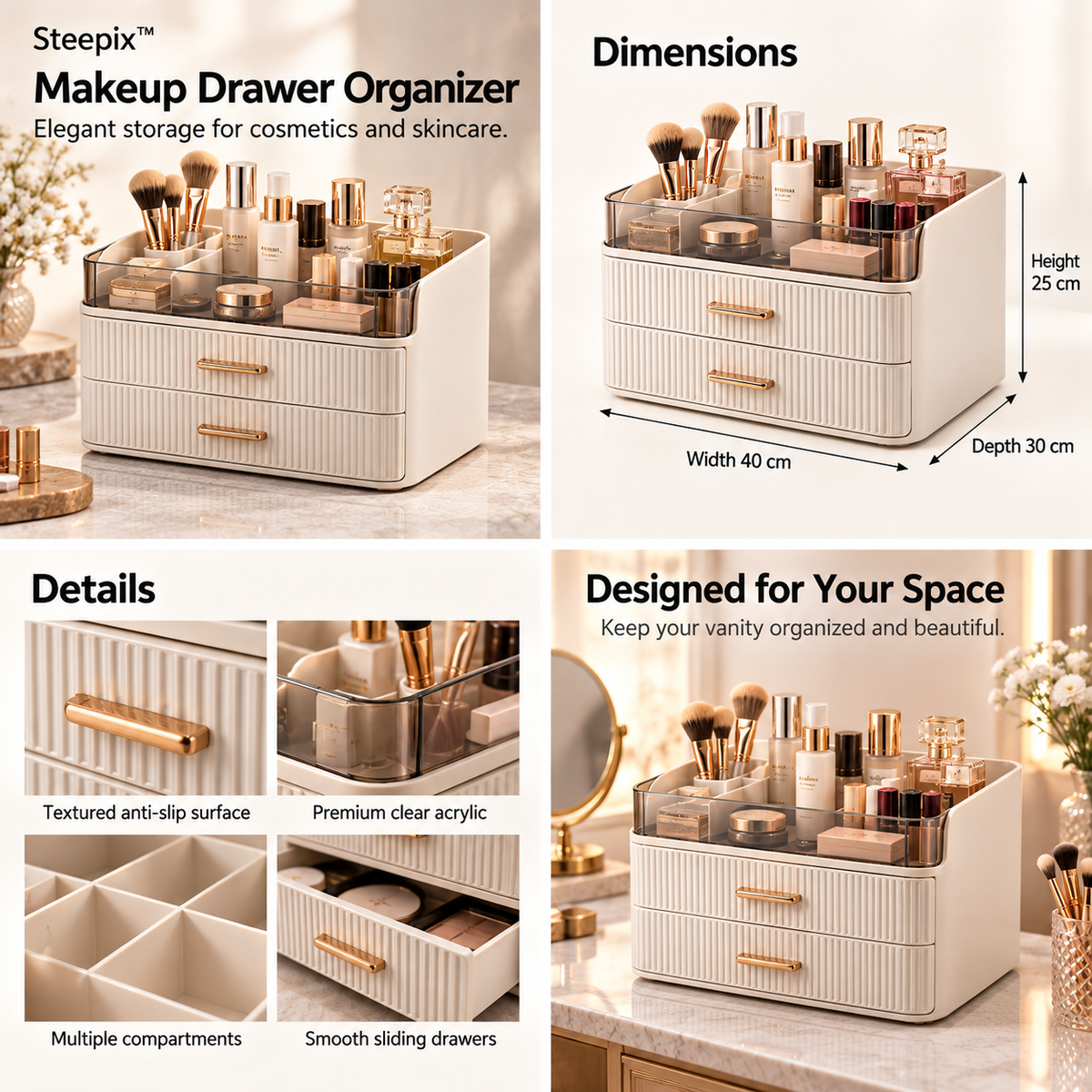 Four-panel product collage showing a makeup organizer with divided compartments, drawers, clear upper tray, and vanity use.