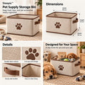 Four-panel product collage showing a pet supply storage bin with paw detail, side handles, dimensions, and pet-room use.