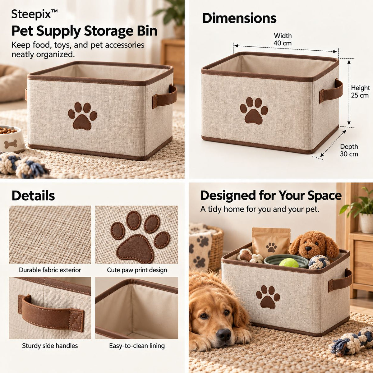 Four-panel product collage showing a pet supply storage bin with paw detail, side handles, dimensions, and pet-room use.