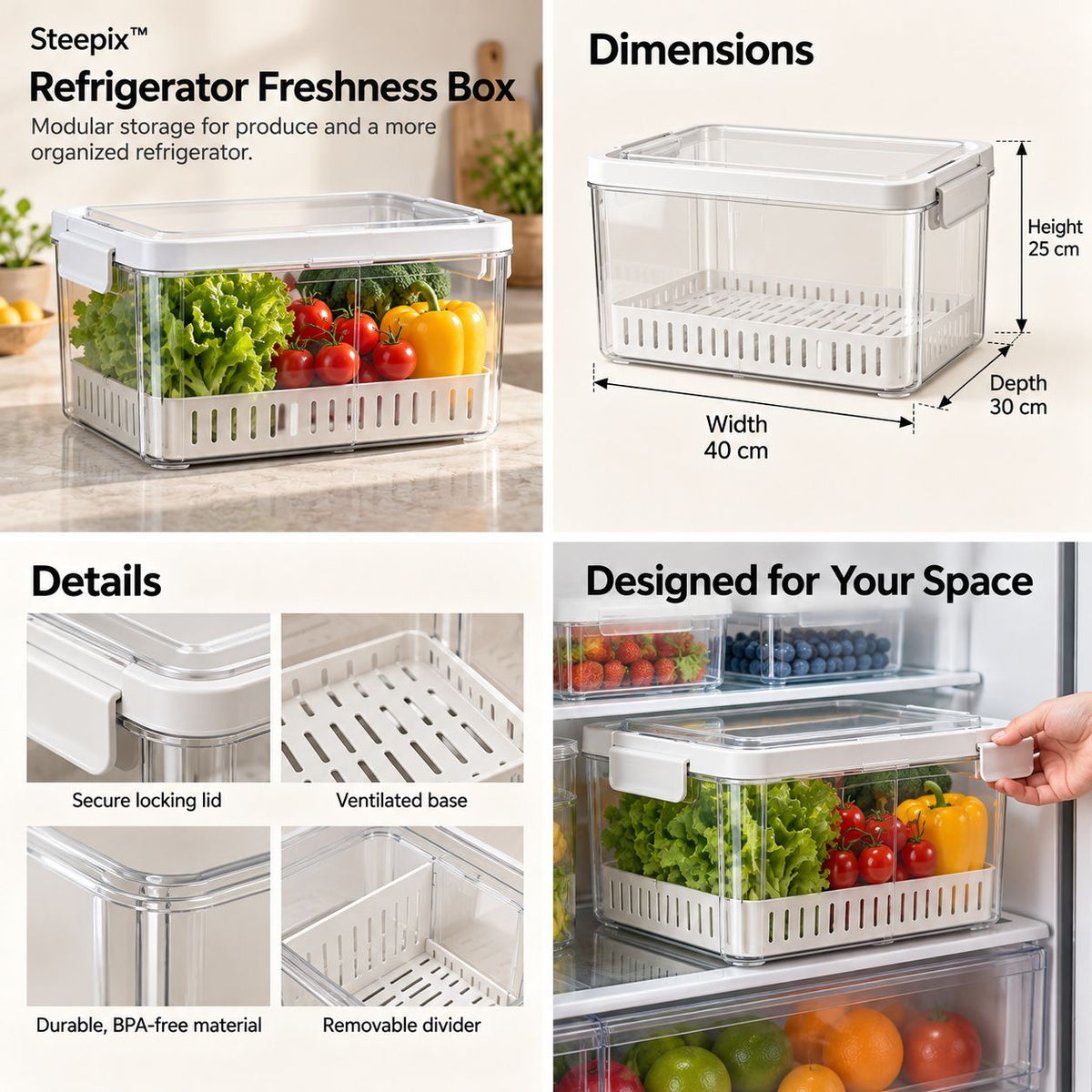 Four-panel product collage showing a refrigerator produce storage box, divided tray, dimensions, and refrigerator use.
