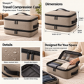 Four-panel product collage showing a travel compression case, dimensions, dual compartments, zippers, and travel use.