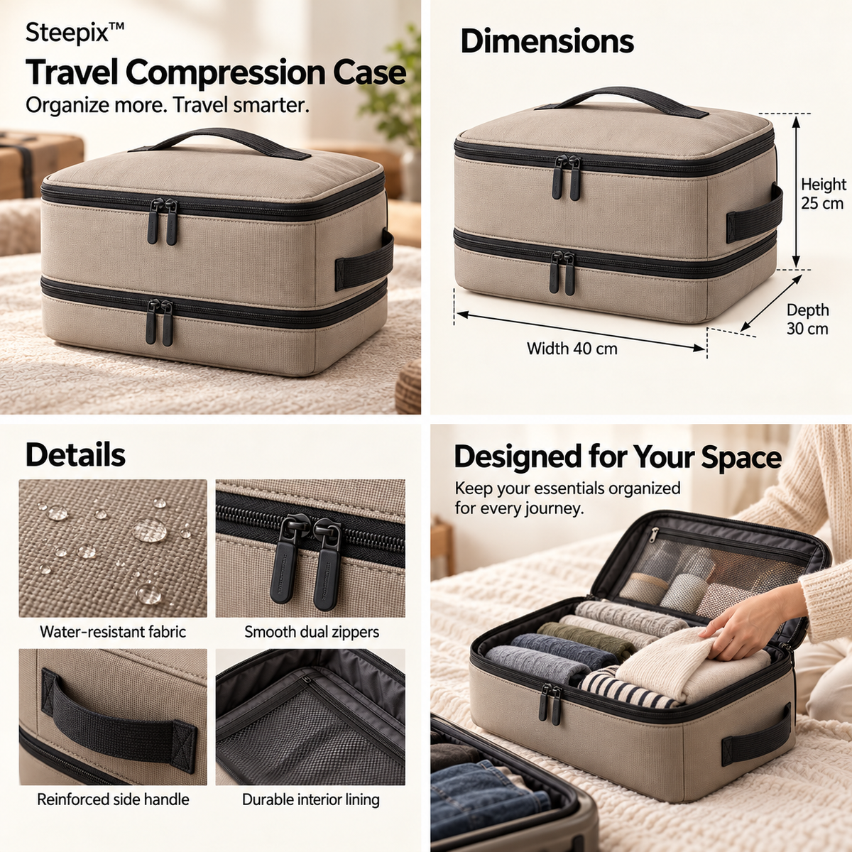 Four-panel product collage showing a travel compression case, dimensions, dual compartments, zippers, and travel use.