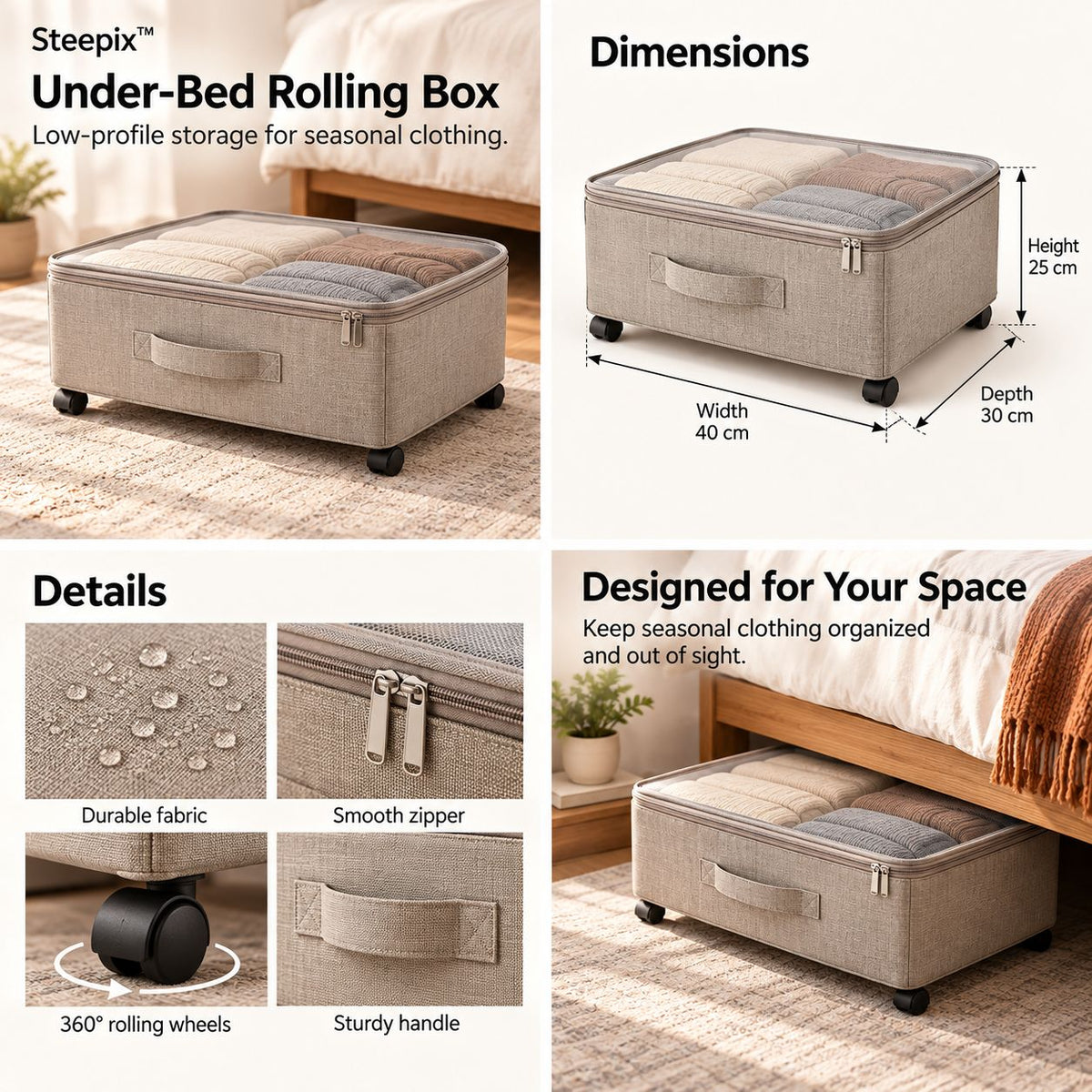 Four-panel product collage showing an under-bed storage box with wheels, zipper, dimensions, and bedroom use.
