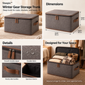 Four-panel product collage showing a lidded winter gear storage trunk, dimensions, zipper, side handles, and home use.