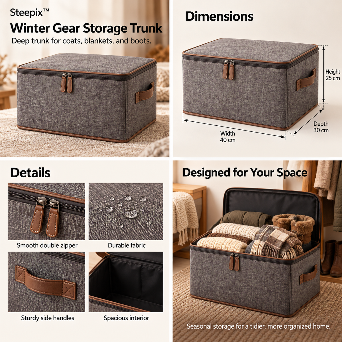 Four-panel product collage showing a lidded winter gear storage trunk, dimensions, zipper, side handles, and home use.